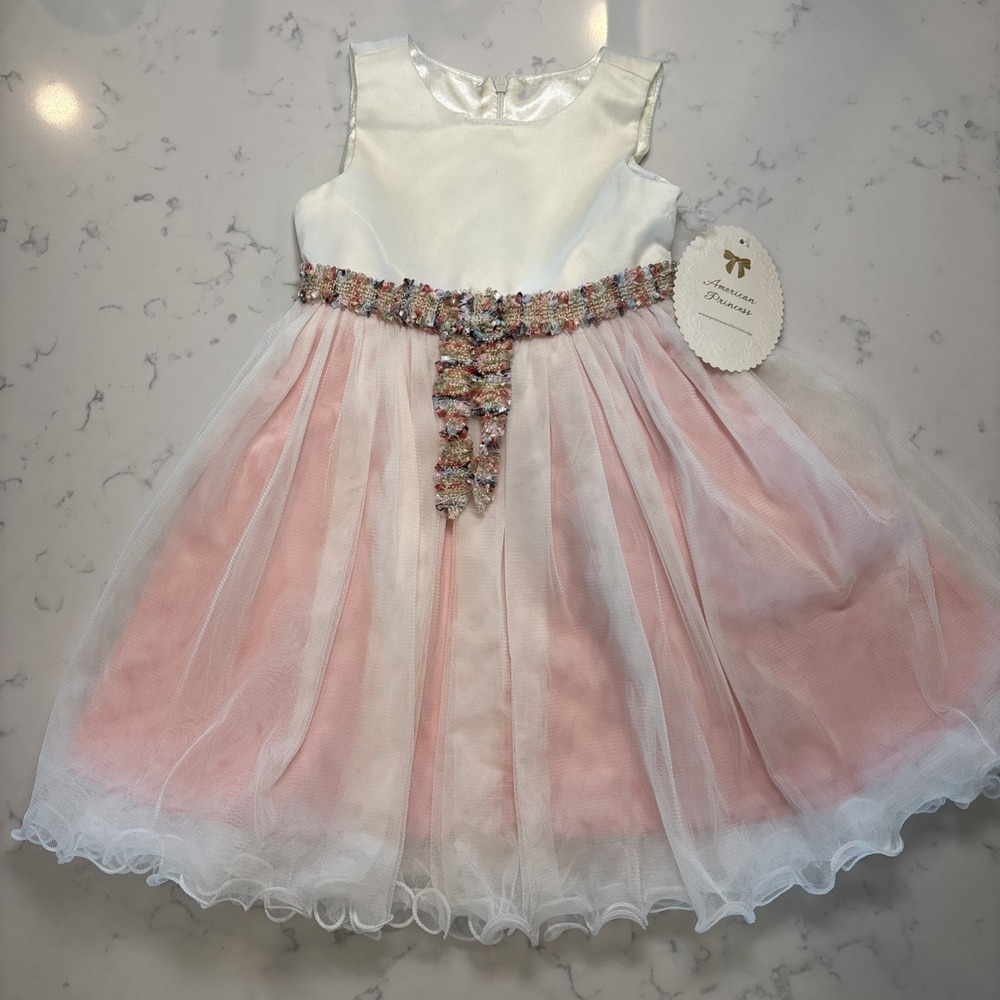American Princess Dress‎ Pink Satin Tulle Multicolor Sash Girls 2T New with Tags
